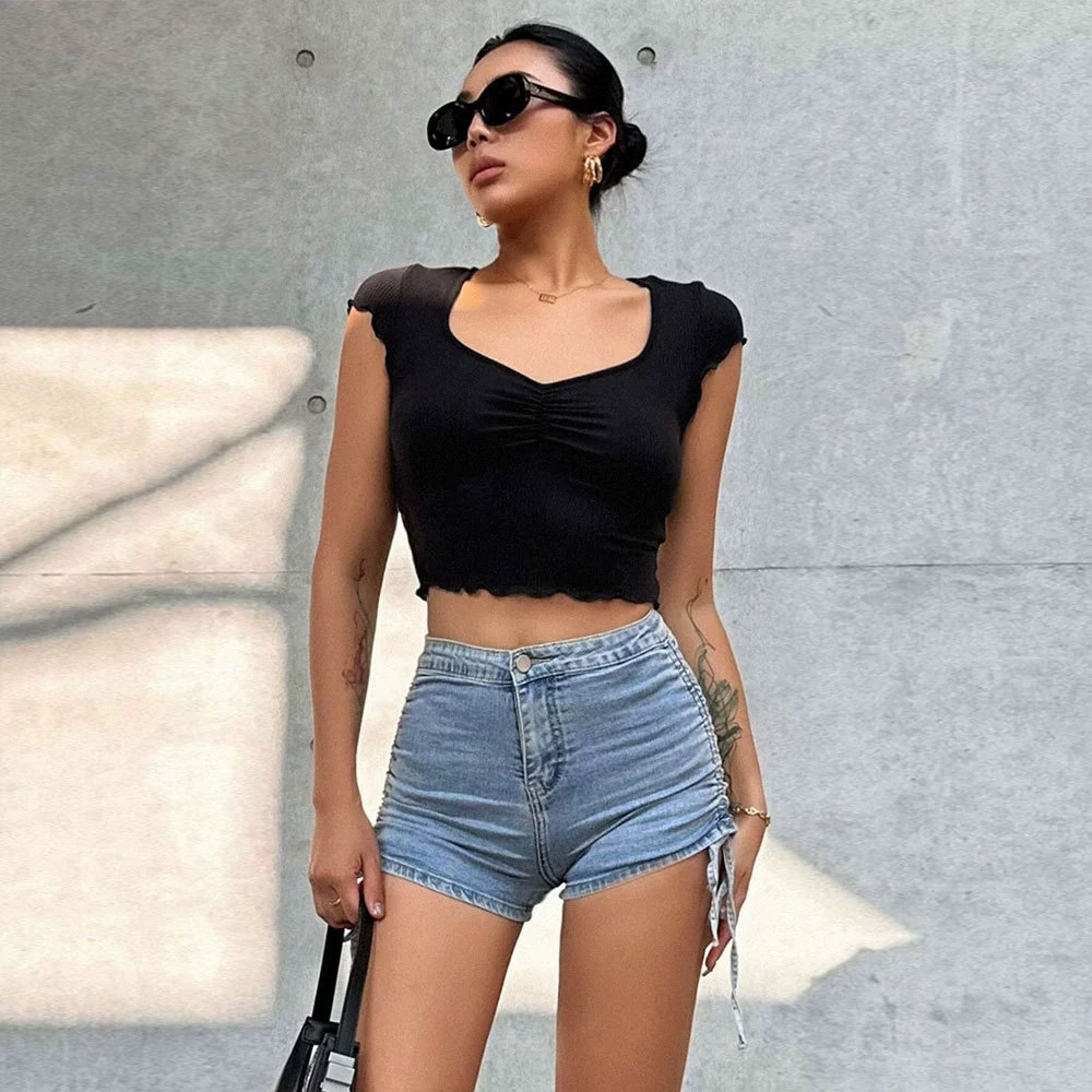 ZARA Summer Solid Ruffled Neck Slim Fit Stretch Crop Tee